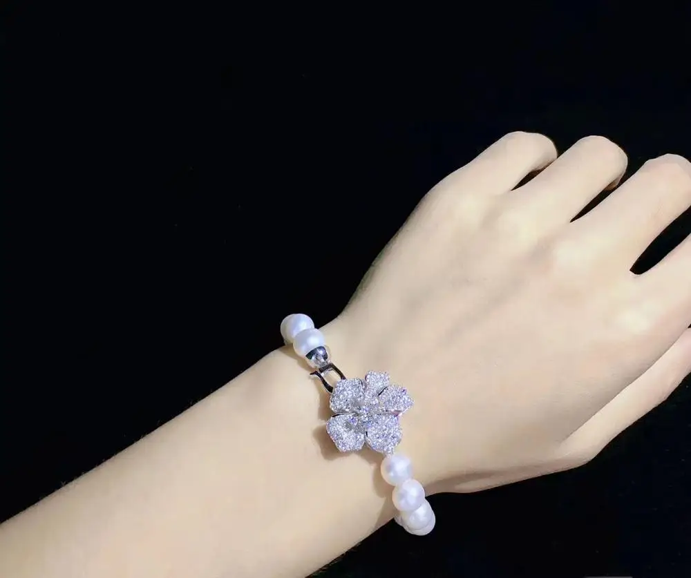 8-9MM natural fresh water pearl bracelet 18Cm accept order any length 925 sterling silver with cubic zircon flower lock