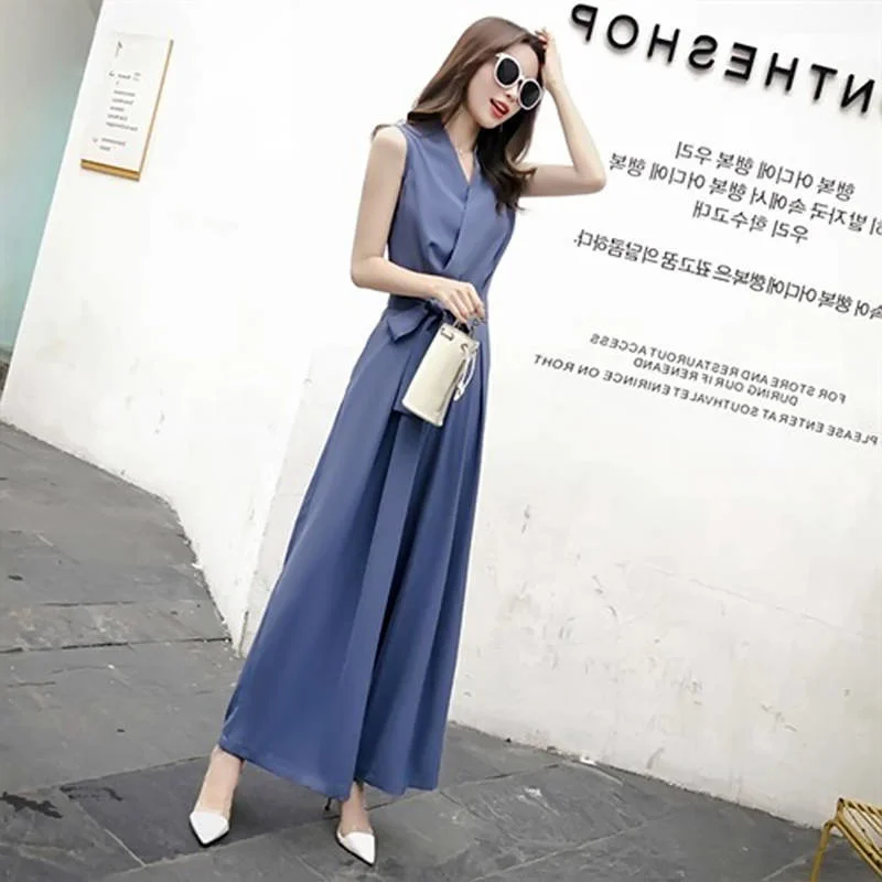 Wide Leg Pant Women 2021 Summer New Fashion Leisure V-neck Slim Jumpsuit Student Korean Sleeveless Vest Rompers Birthday Outfits