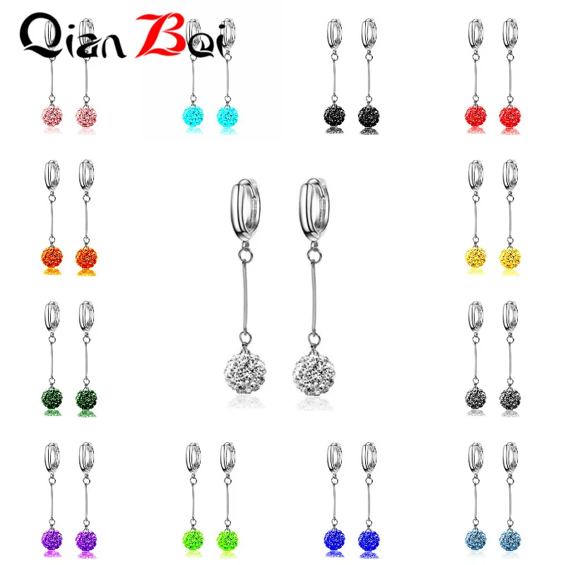 QianBei-Multi-Color Ball Crystal Round Silver Earrings for Women, Fashion Jewelry, 13 Colors, New Arrival