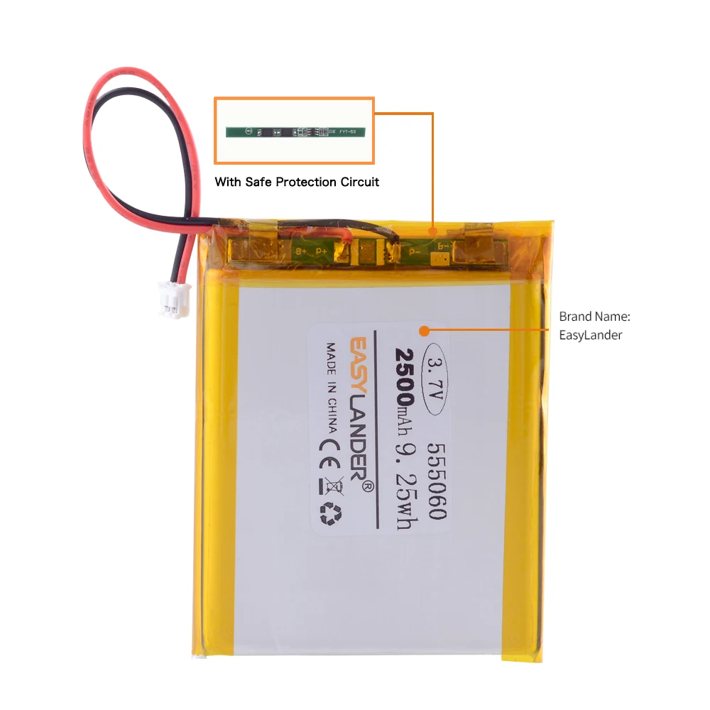 1.5MM 2pin connector 555060 2500mah 3.7V e-books GPS PDA Car recorder Li-polymer battery LiPo battery