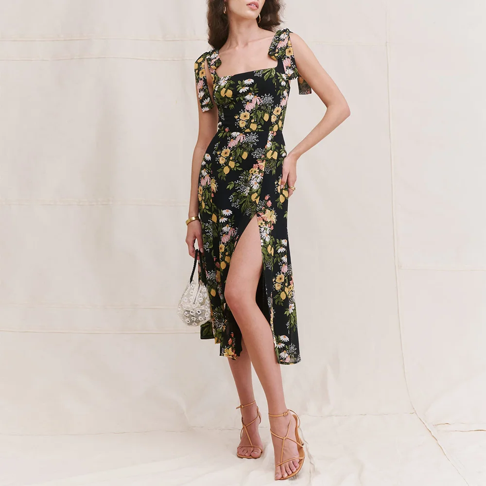 

Dresses For Women 2021 Party Tie Strap Side Slit Sexy Midi Dress Elegant Vintage Floral Print Chiffon Summer Boho Beach Dress