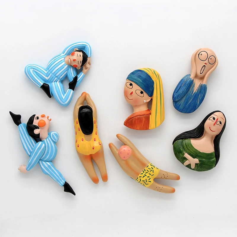 Van Gogh Mona Lisa swimm girl  pearl earrings 3D fridge magnets stickers Cartoon character refrigerator stickers home decoration