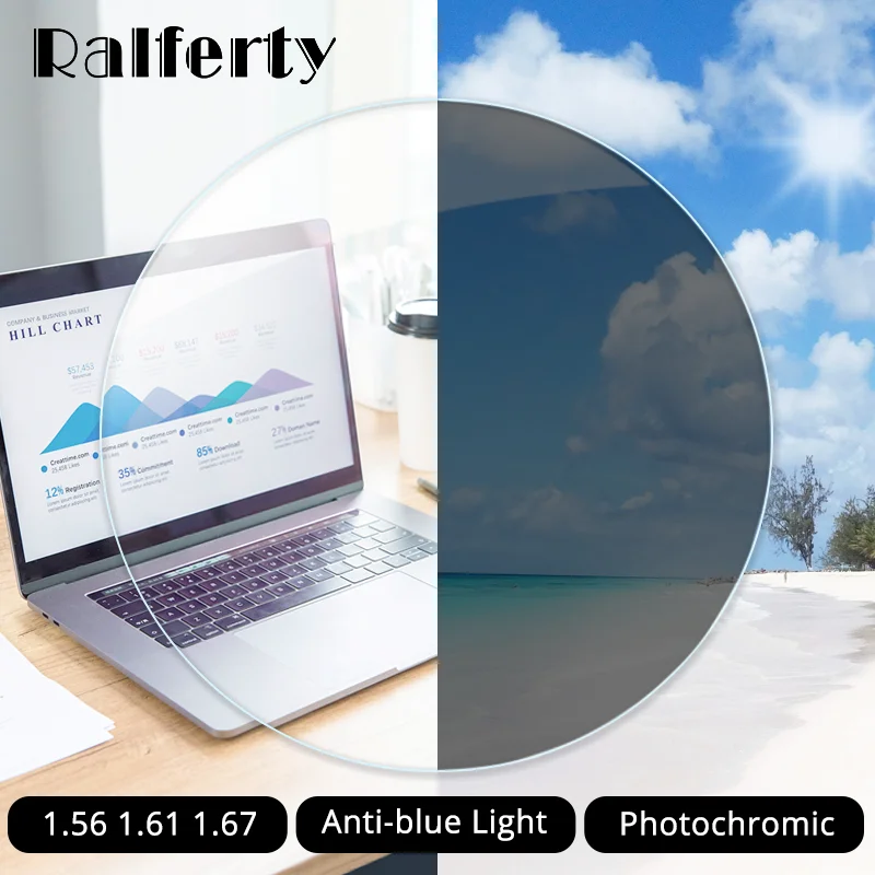 Ralferty 1.56 1.6 1.67 Anti Blue Photochromic Gray Lens Chameleon Sunglasses Clear Myopia Hyperopia Prescription Optical Lenses