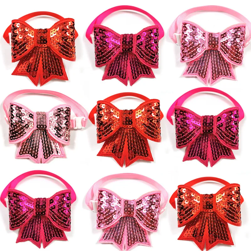 50/100pcs Valentine's Day Sequins Pet Dog Bow Tie Adjustable Pet Collar Dog Necktie for Small Medium Dog Grooming Pet Acessories