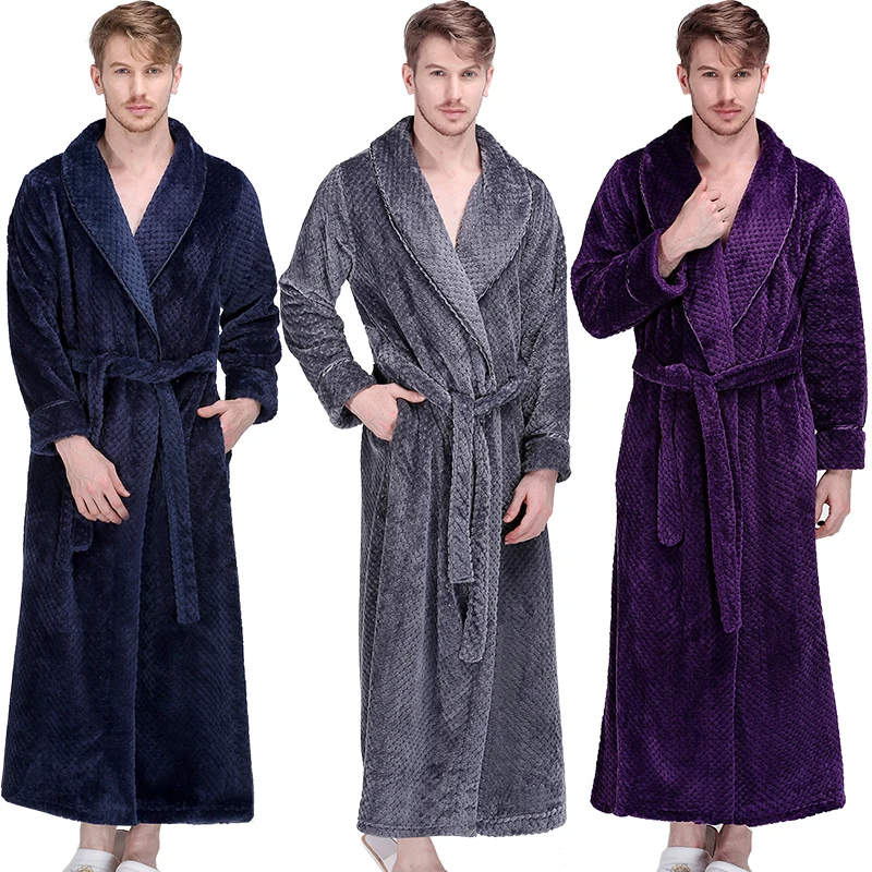 Men Winter Extra Long Thick Warm Grid Flannel Bathrobe Mens Luxury Kimono Bath Robe Women Sexy Robes Male Thermal Dressing Gown