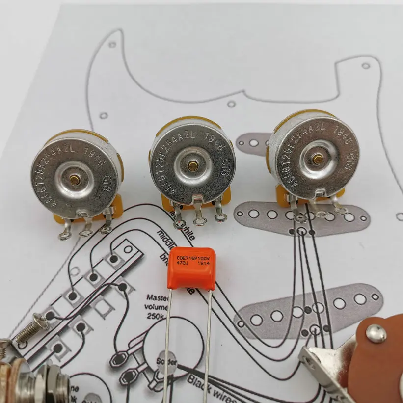 cde-716p-047-100v-オレンジドロップキャップ-溶接線描画ギターポテンショメータ-cts-250k-銅シャフト配線キット