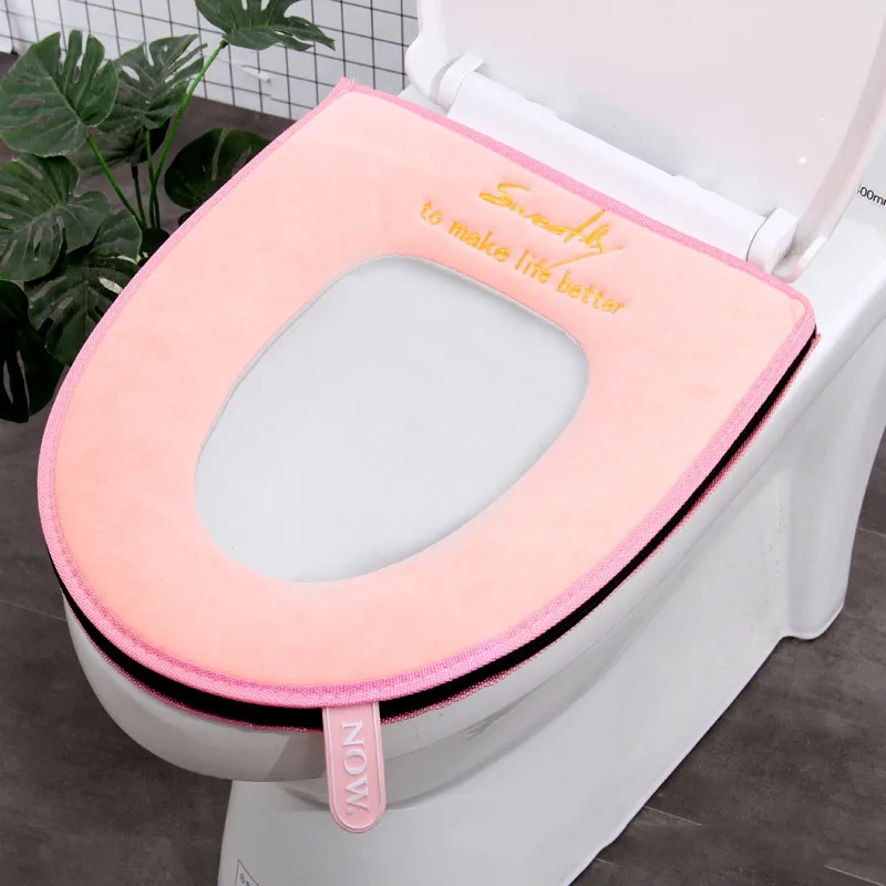 Toilet Seat Cover with Zipper Pads, Washable Toilet Lid Cover with Lifter, Soft Velvet Plush Cloth Warm Pad Cushion for Bathroom