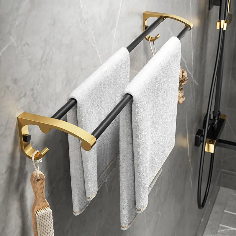 Black Gold luxury Towel Hanger Wall Mounted Bathroom tissue box Towel Bar wall hook Space Aluminum Shelf Toilet Holder PunchFree