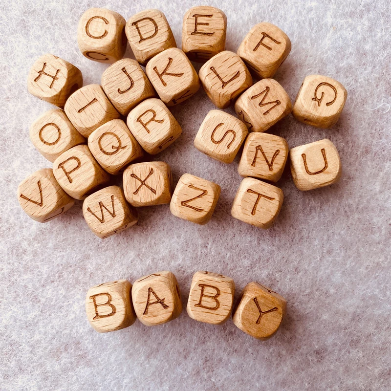 26PCS 12MM Letter Beads Engrave Wood Teether Bead Alphabet Bead Bijtring Teething Toy Chewable Baby Product DIY Baby Accessories