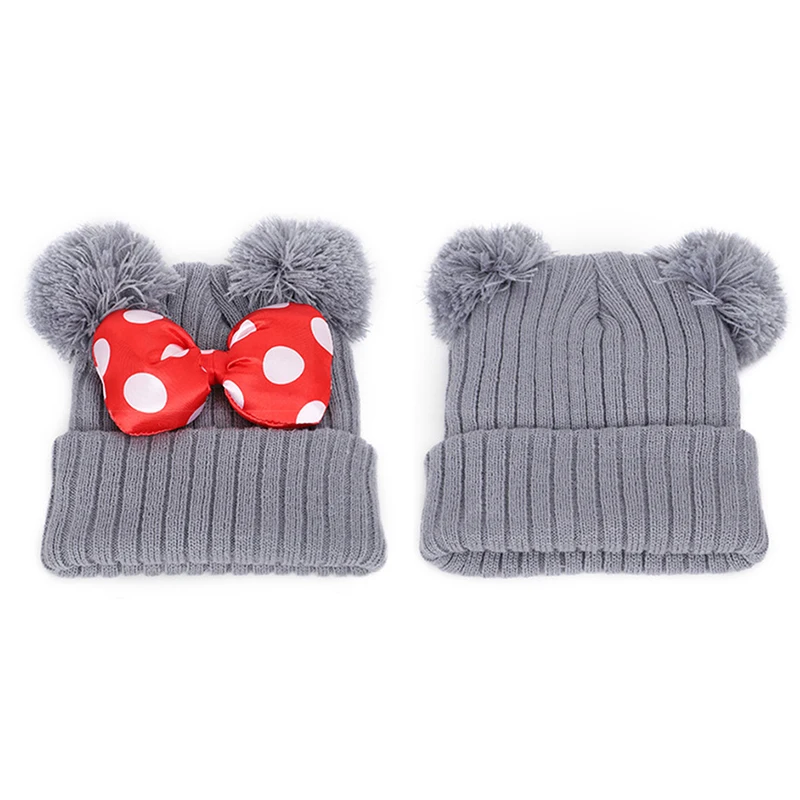 Anime Figure Disney Minnie Mouse Bow Knitted Girls Hat Winter Bonnet Children Cartoon Mickey Beanie Cap Kids Caps With Pompom