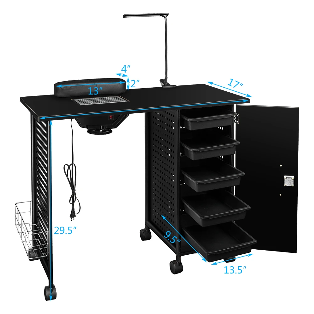 Table de manucure avec cadre en acier et tiroir avec lampe LED, Station de manucure, équipement de Salon de beauté, entrepôt américain, noir