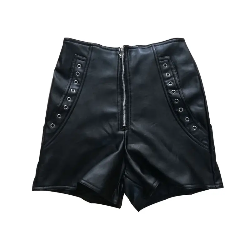 Idopy Fashion Womens PU Leather Shorts Motorcycle Wide Leg Side Lace Up Steampunk Slim Fit Zipper Up Faux Leather Shorts Female