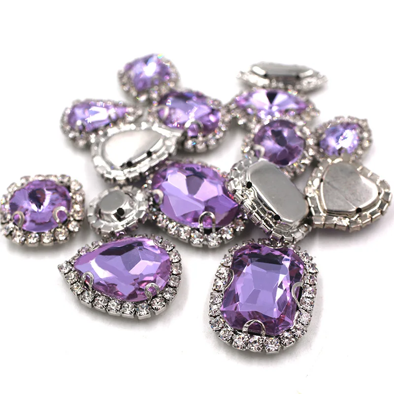 Hot sale violet mixed shape glass strass flatback sew on crystal button rhinestones for clothing/wedding decoration