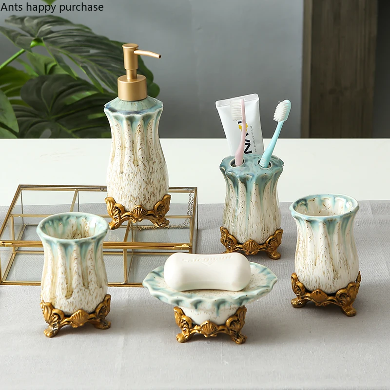 

North European Ceramics Bathroom Five-piece Suit Bathroom Wash Supplies Home Mouthwash Cup Toothbrush Holder Set Combination