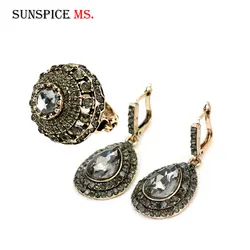 Sunspicems Vintage Turkish Jewelry Gray Rhinestone Ring Earring Sets Antique Gold Color Bohemia Female Wedding Bijoux Gift