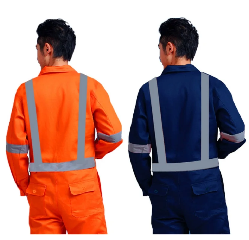 Men Work Uniforms Hi Vis Overalls Workwear Safety Reflective Tapes Blue Orange Workwear Workshop Mechanical Working Coveralls