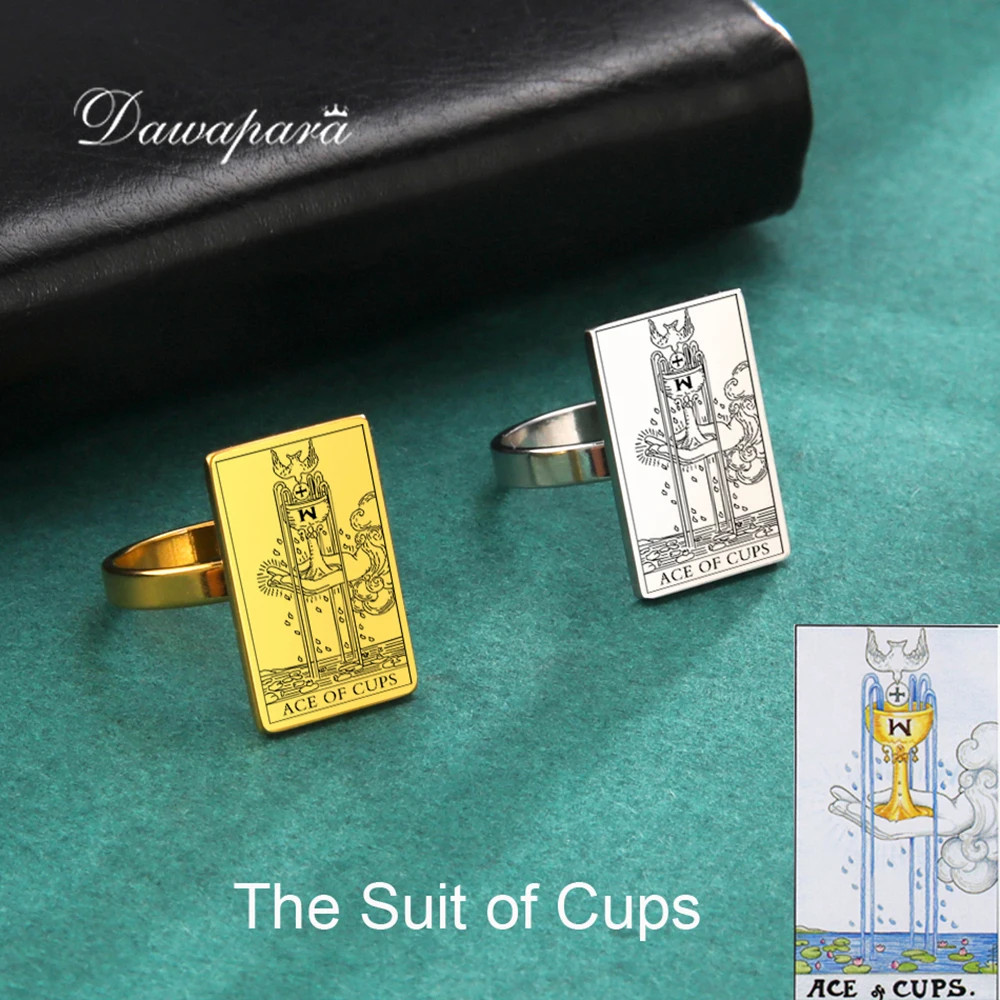 Dawapara Tarot Card The Suit of Cups Stainless Steel Ring for Women Couple Rings Minor Arcana Astrology Vintage Tarot Jewelry