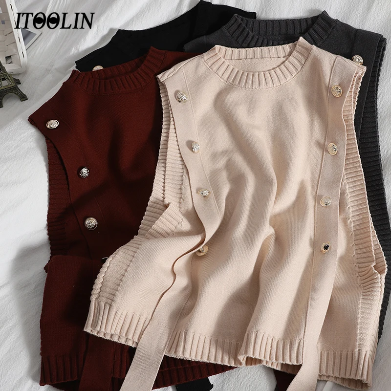 ITOOLIN Autumn Tank Top Crewneck Waistcoat Women Double-Breasted Knitted Sweater Vest Female Slim Fit Sleeveless Jumpers Elegant