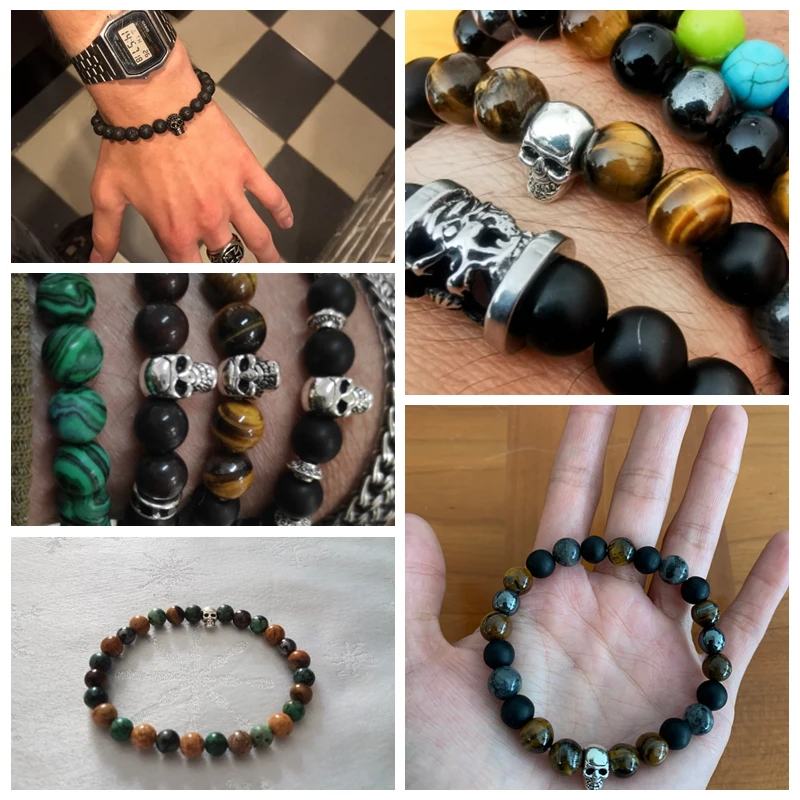 Natural Black Labradorite Stone Beads Bracelet 8mm Round Beaded Vintage Skull Head Charm Bracelet Men Lucky Jewelry for Female