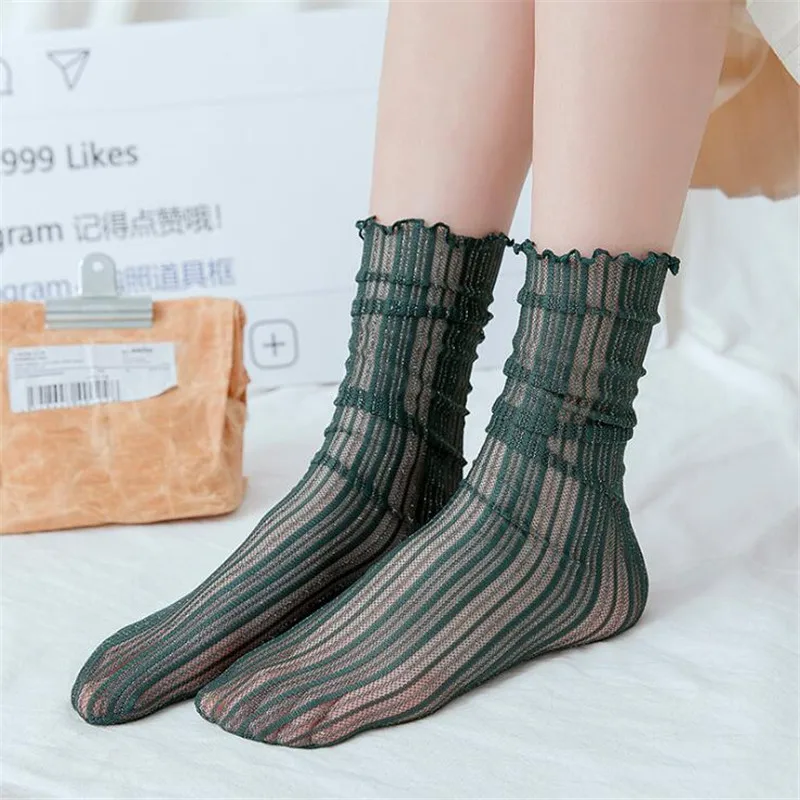 New Women Ladies Socks Fashion Sheer Mesh Glass Silk Socks Ultrathin Transparent Crystal Lace Fabulous Elastic Cute Summer Socks