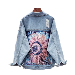 Women Denim Jacket feminine Spring Autumn Boho Sequin Floral Appliques Embroidery Coat Long Sleeve Outerwear Female Veste femme