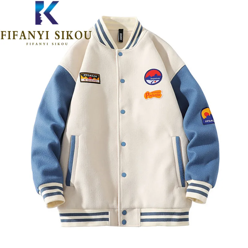 

Streetwear Fashion Patchwork Bomber Jacket Women Single Breasted Stripe Spliced Print Couple Jackets Loose Autumn Coat Female