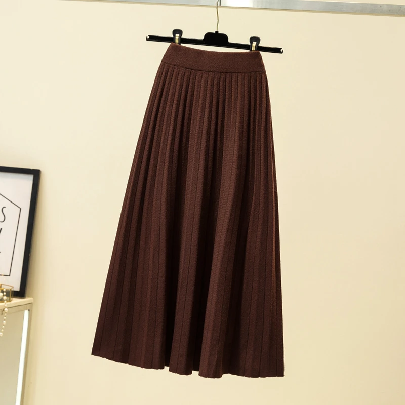 gkfnmt Elegant Midi Pleated Knitted Skirt Women 2020 Autumn Winter Korean Knee Length a line High Waist Skirt Female Ladies