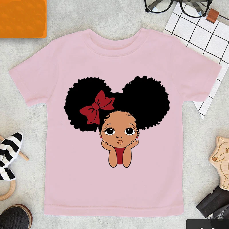 Kids t-shirt cute fluffy hair melanin princess print black girl t-shirt summer Pink girls t-shirt Short sleeve high quality tops