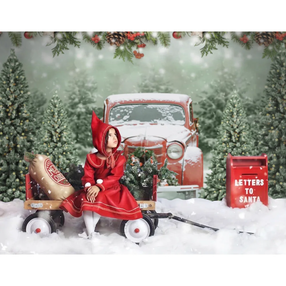 Winter Merry Christmas Photography Backdrop Snow Red Truck Christmas Trees Background Bells Family Party Video Props Photocall