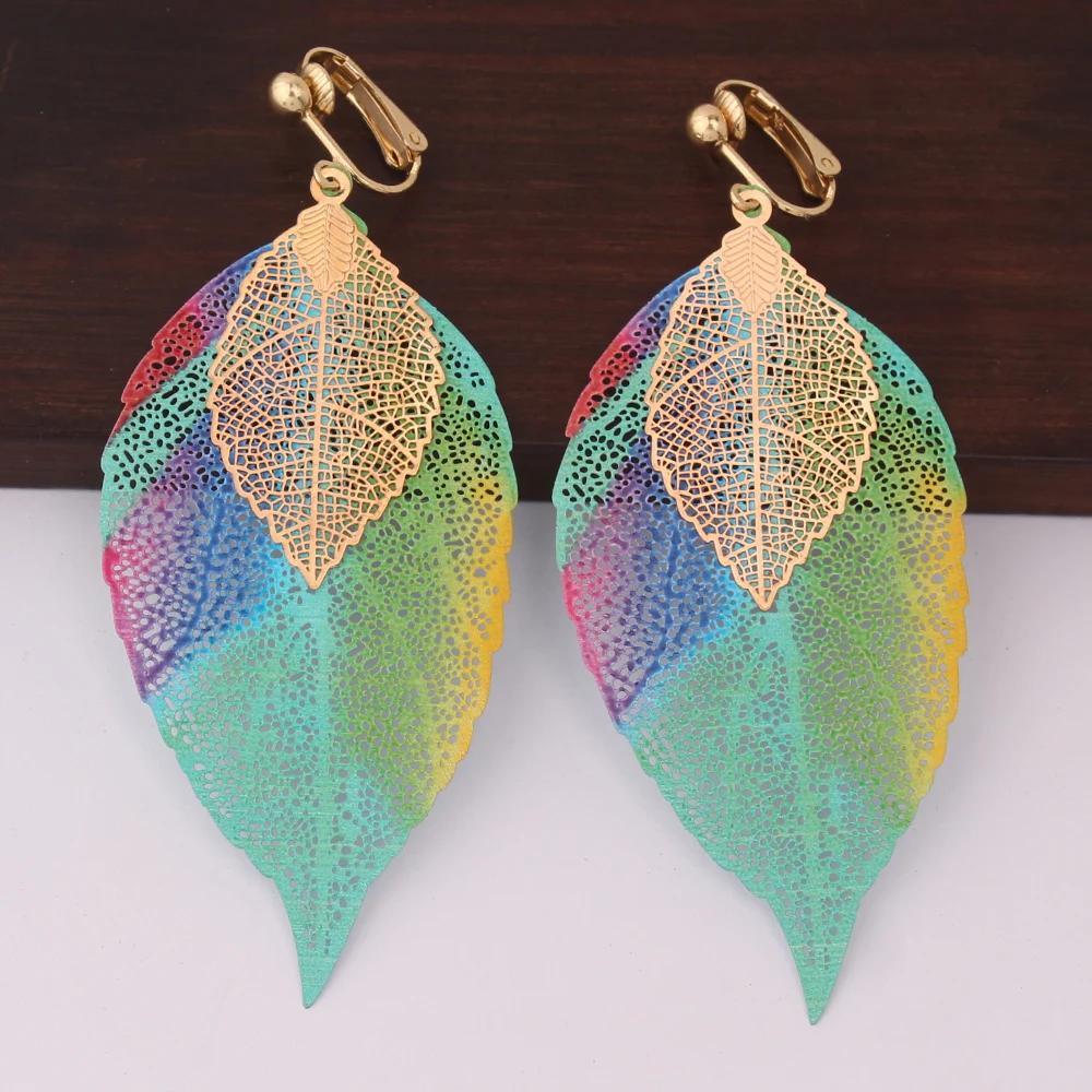 GRACE JUN High-grade Colorful Copper Material Double Leaf Clip on Earrings for Women  Xmas Earrings 11/11christmas Earrings New