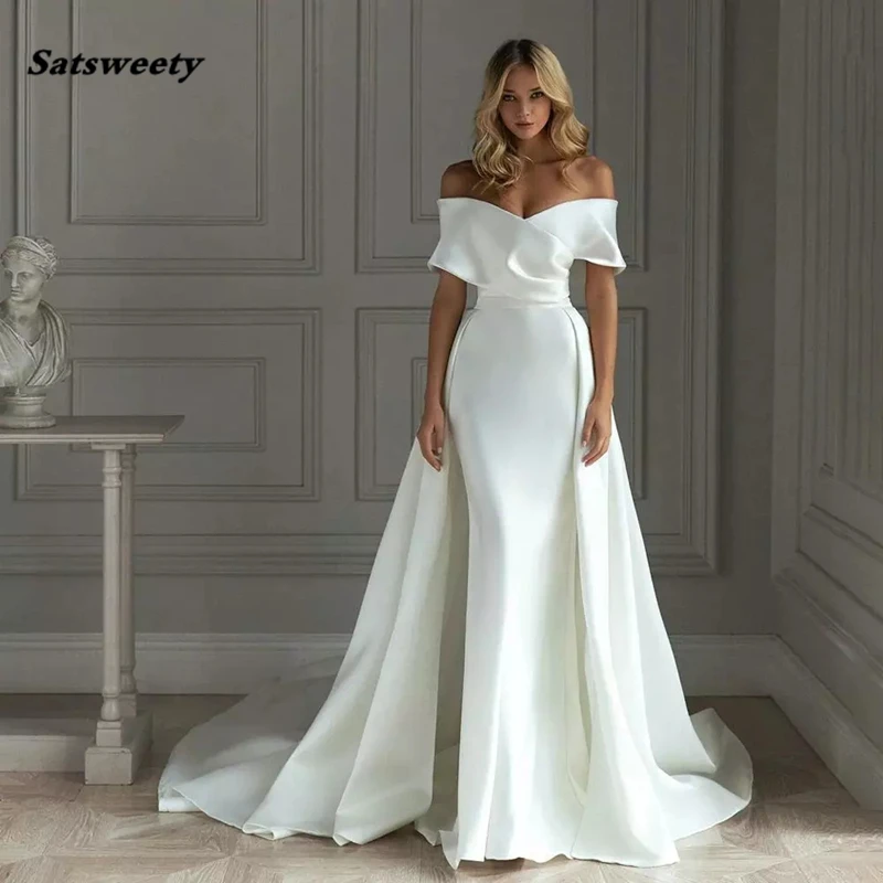 New Arrival Cheap Simple Elegant Plus Size Mermaid Wedding Dresses Off Shoulder Sweep Train Bridal Gowns Wedding Dress Vestido