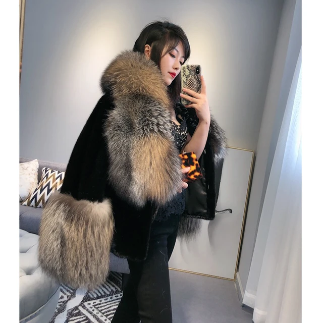 2019 Women s Fox Fur Coat Luxury Short Style Black Mink Fur Jacket Super Big Silver Fox Fur Collar Cuffs Thicken Warm Jacket Real Fur AliExpress