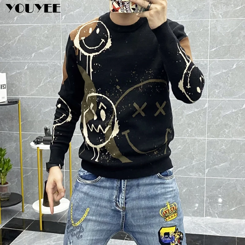 Men\'s Sweater Smiling Face Printing Youth Round Neck Thickened Warm 2021 Autumn Winter New Korean Men Clothing Blue Pullovers