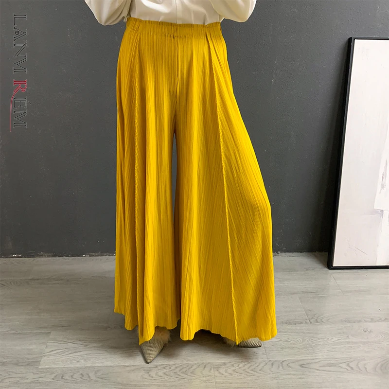 

LANMREM 2024 Spring New Female High Waist Elasticity Pleated Loose Solid Color Wide Leg Pants Women Fashion 2w1112