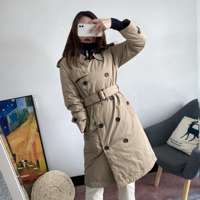 Street High New Winter Parkas Women Thicken Warm Down Coat Khaki Double Breasted Windbreakers Hooded Long Jacket Female Overcoat