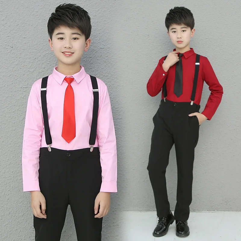 

New Teenage Boys Clothing Set White Shirts and Black Strap Pants Solid Color Children's Day Suit Kids Chorus Costume with Tie