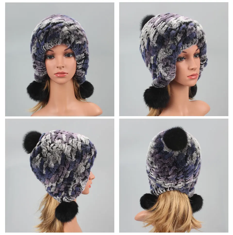 Echte Rex Kaninchen Pelz Hut für Frauen Herbst Russische uschanka Streifen Pelz Kappe dame winter Warme Kopf Tragen Elastische Gestrickte bomber Hüte – Detail 13