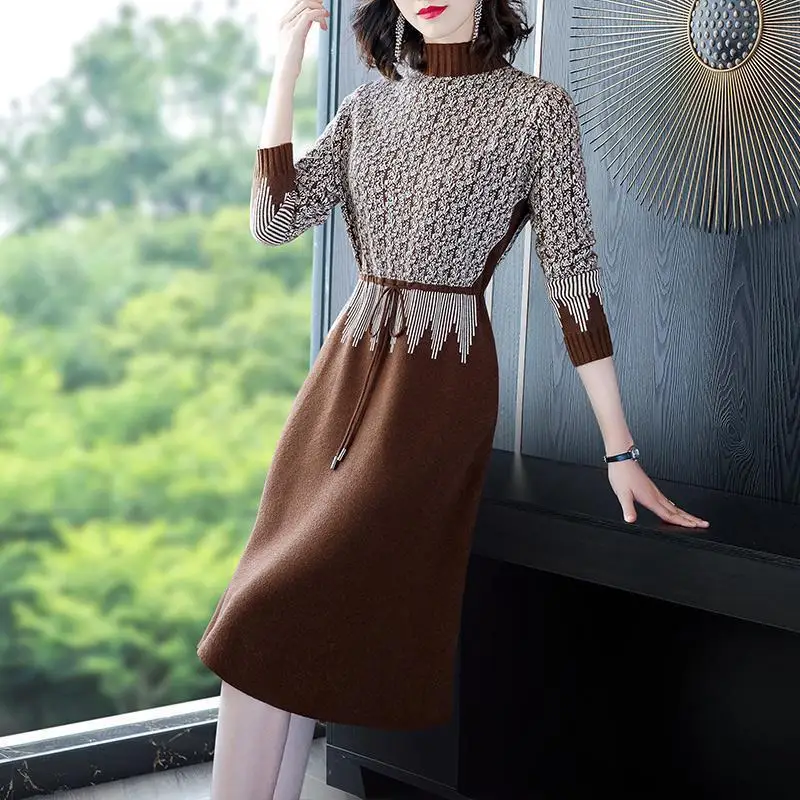 Ogo-Robe pull à col roulé pour femme, pull surdimensionné, patchwork, robe mince, français, rétro, éducatif, élégant, vêtements de bureau, automne, 2024