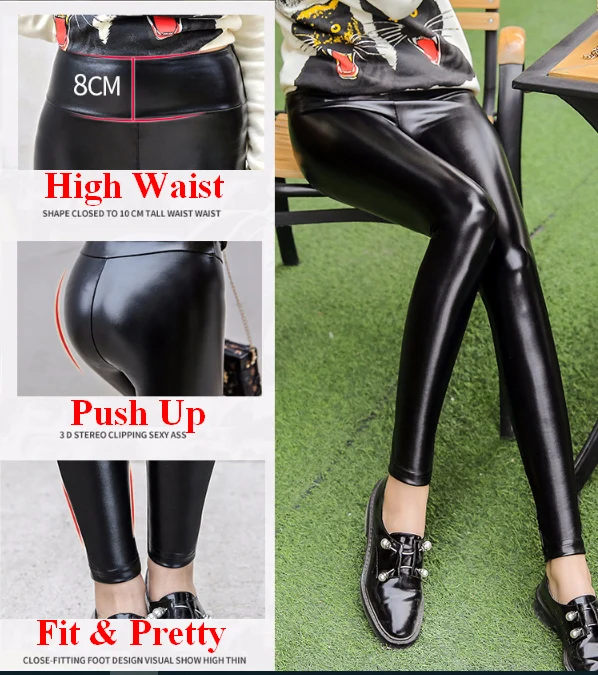 Sexy Push-Up Legging für Frauen in Winter Fleece gefüttert mit Hoher Taille PU leder Legging Schwarz ouc584b