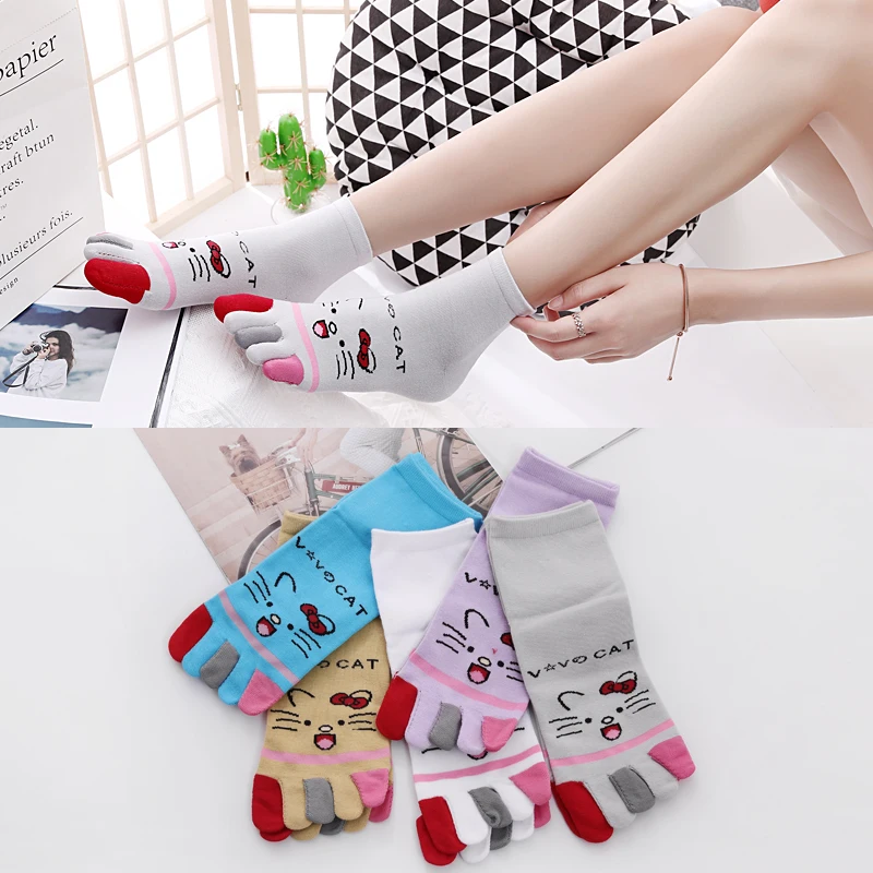 Toe Socks Women Mid-Tube Cotton 5 Finger Socks Four Seasons Cartoon Mid-Waist Toe Socks for Women