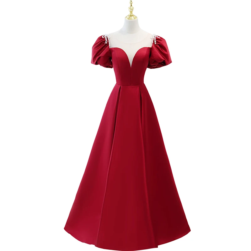 Robe de Soirée en Satin Rouge Personnalisée pour Femme, Manches Bouffantes Élégantes, Ligne A, Longueur au Sol, ixFormelle, Quelle que soit l'Éducatif, Banquet