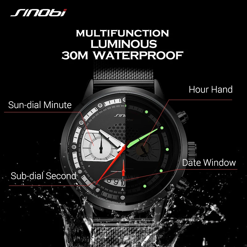 SINOBI Creative Design Men\'s Watches 42mm Owl Sports Chronograph Quartz Clock Stainless Steel Waterproof Luminous Wristatches