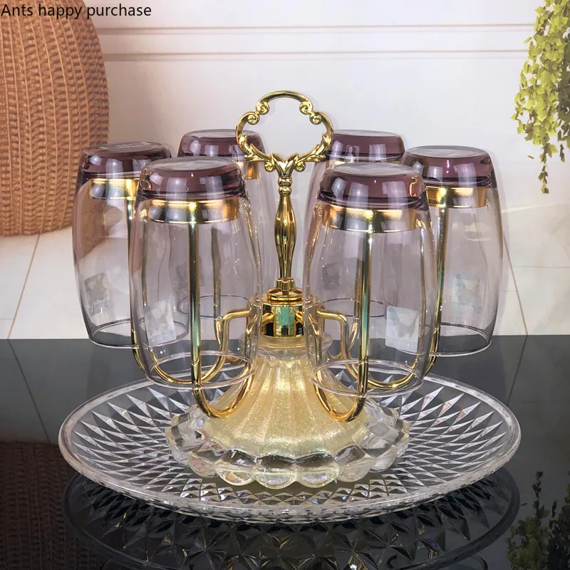 Glass Teacup Metal Drain Rack European Rotating Cup Holder Afternoon Tea Glass 6 Piece Set Upside Down Cup with Acrylic Tray