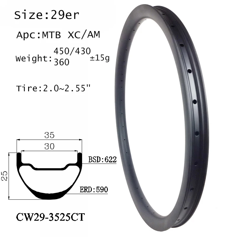 Super Lght Weight 360g Only MTB XC Ride Carbon Rim 29er 35mm Wide 25mm Depth Disc Brake Hookless Clincher Tubeless Cycle Wheel