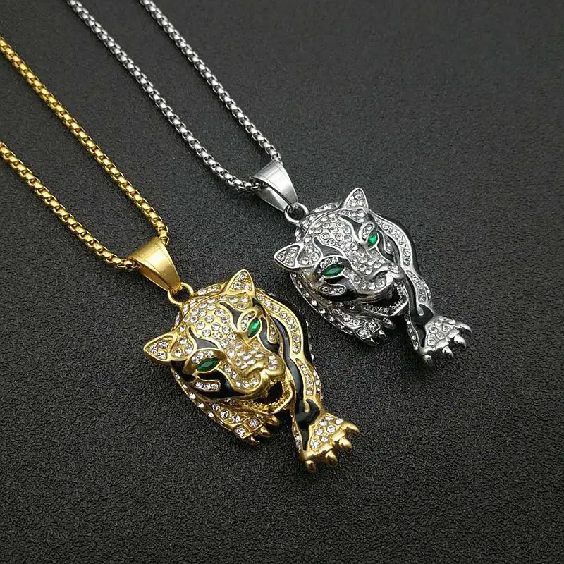 Trendy Tiger Pendant Necklace for Men Hip-Hop Metal Crystal Inlaid Pendant Neck Chain Fashion Bohemian Accessories Male Jewelry