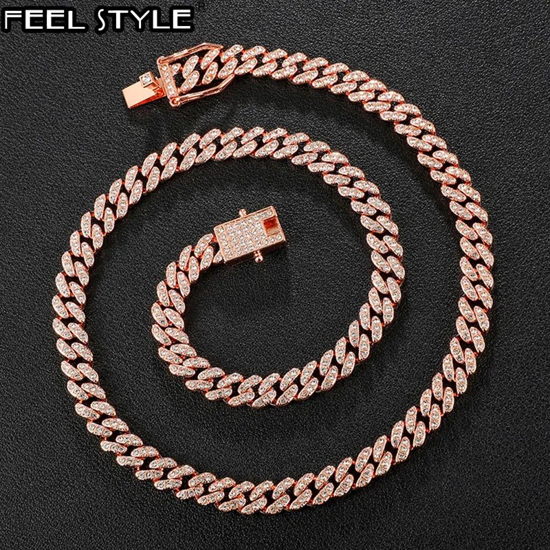 Hip Hop AAA Bling 8MM Miami Cuban Chain Iced Out Men's Necklace Rhinestone Zircon Paved Necklaces for Men Women Jewelry