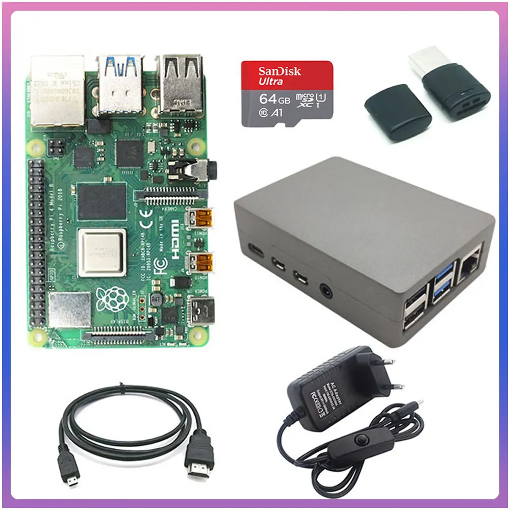 original raspberry pi 2gb 4gb ram mais 64gb cartao de memoria aluminio 3a adaptador mais raspberry pi liga de aluminio metal case 01