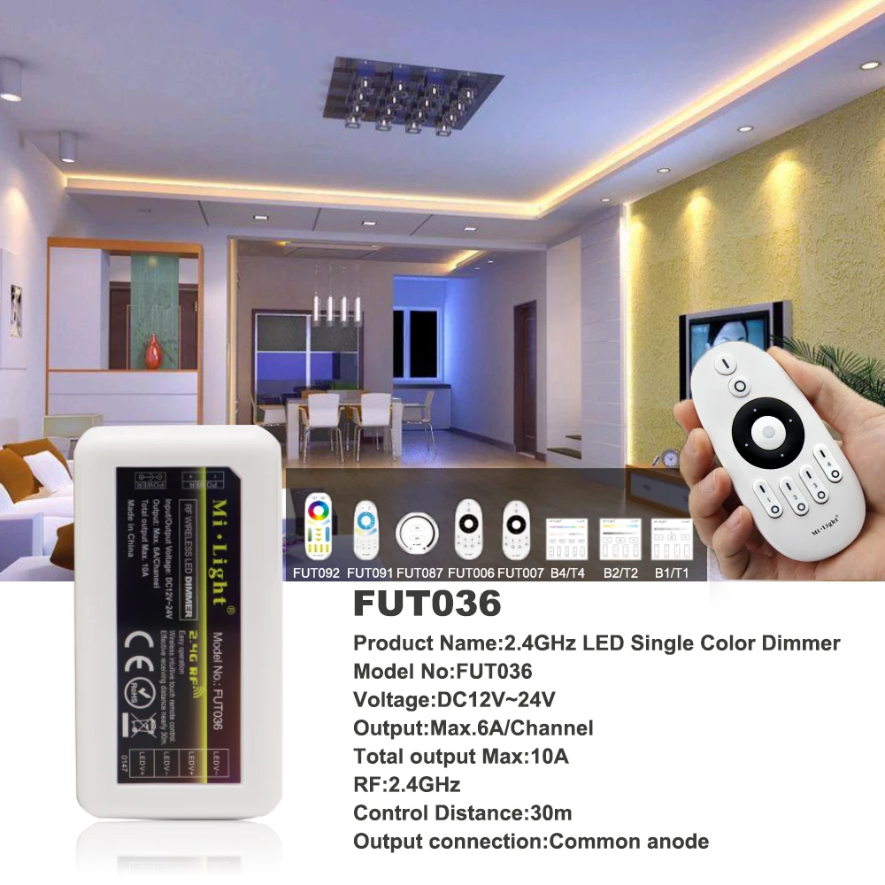 Imagem -06 - Controlador sem Fio Zona Única Cor Dimmer 2835 3014 5050 para Led Strip Dc1224v Milight-fut007 Fut036 2.4g rf