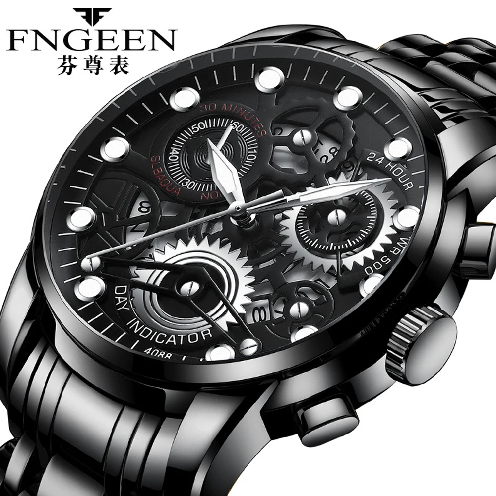 

FNGEEN Black Watch Men Quartz Wristwatch Fashion Stylish Hollow Gear Stainless Steel Waterproof Male Clock Sports Mens Watches