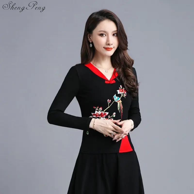 

Long sleeve shirt female embroidered blouse tunic kimono cardigan oriental Chinese style shirt autumn tops for women 2019 V1699